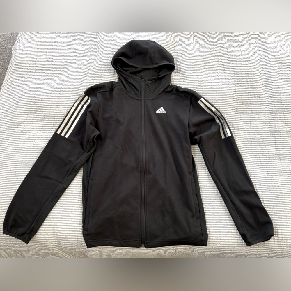 Adidas lightweight black hoodie with reflective stripes